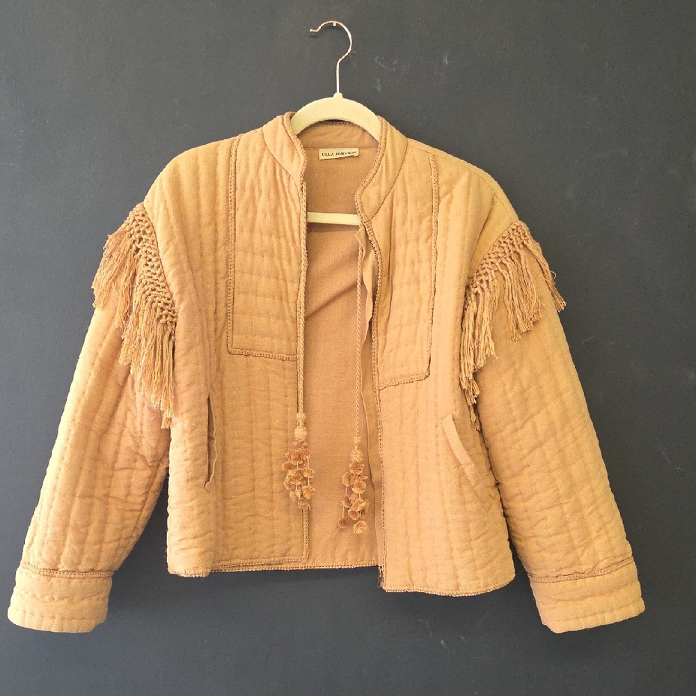 Ulla Johnson Tan Quilted Bomber Jacket with Fringe